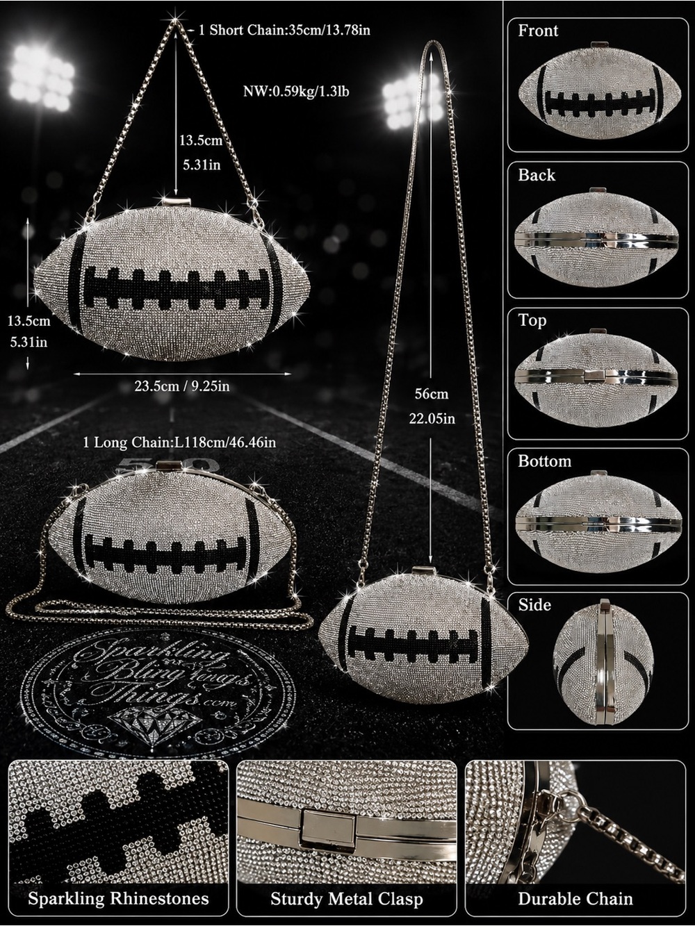 NWT Football Clutch Purse Sparkling Bling Swarovski Crystal Bag Super Bowl +Gift - Picture 4 of 15